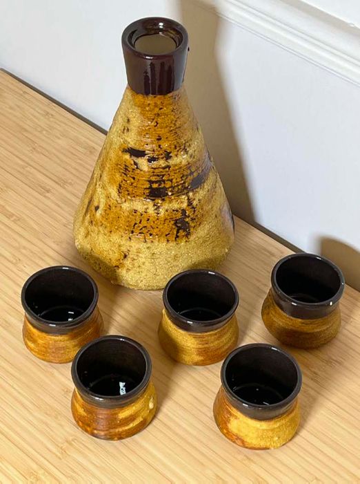 Vintage Fat Lava Canadian Laurentian Pottery Decanter (no lid) and Five Cups