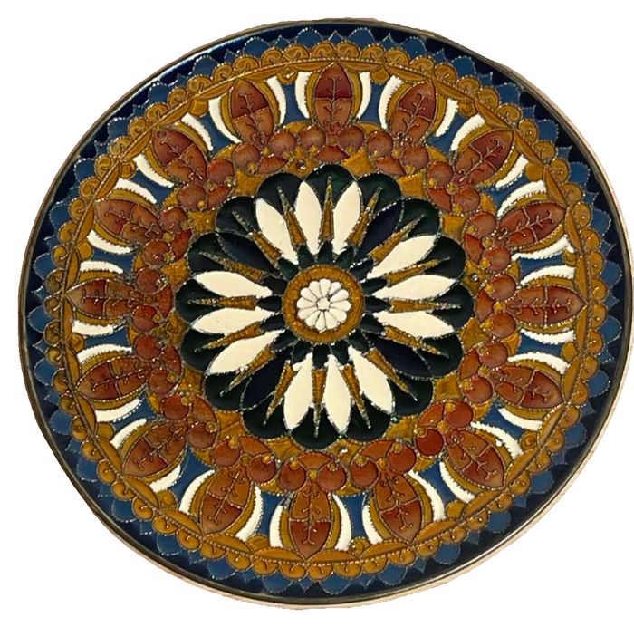 Vintage Brass Inlaid Hanging Plate Moroccan Cloisonne-Style Enamel Plate