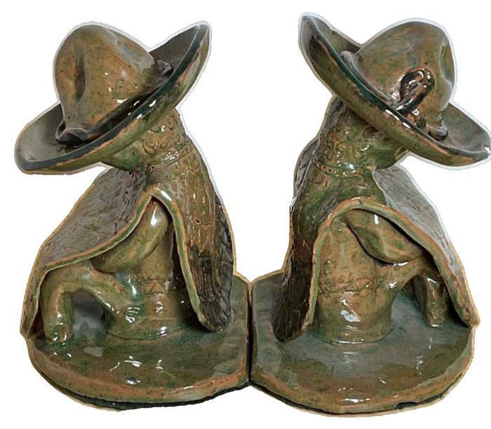 Pair of Heavy Vintage Ceramic Siesta-Man Bookends (with a Hidden Photo). Canadian Studio Pottery by Lucienne Plante
