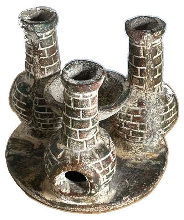 Primitive Handmade Mexican Pottery Artifact Triple Vessel Pot for Incense Burning and Candle Holder