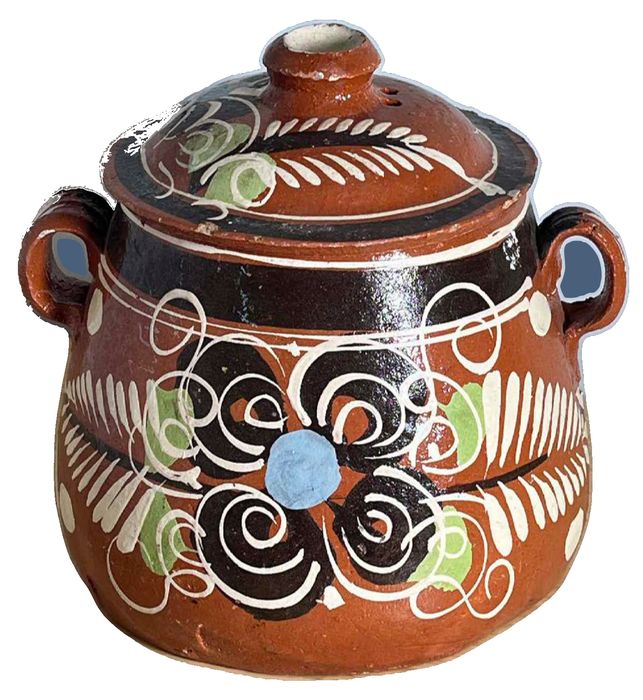1930s Hand-Painted Mexican Tlaquepaque Clay Bean Pot with Lid