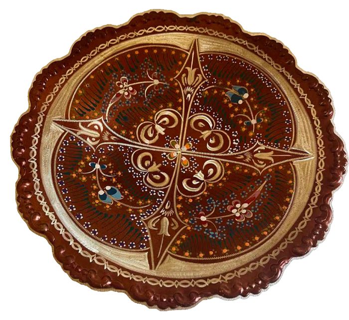 Turkish Hand-Painted Enameled Copper Plate with a Sunburst Design (with three feet on the bottom)