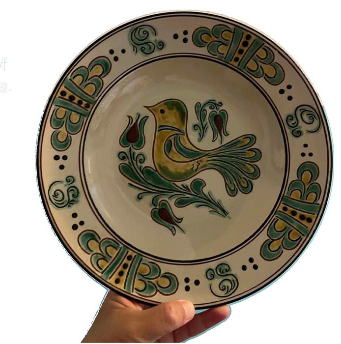 Hungarian Hand-Signed Terracotta Decorative Plate of Folk Art Bird and Floral Motifs