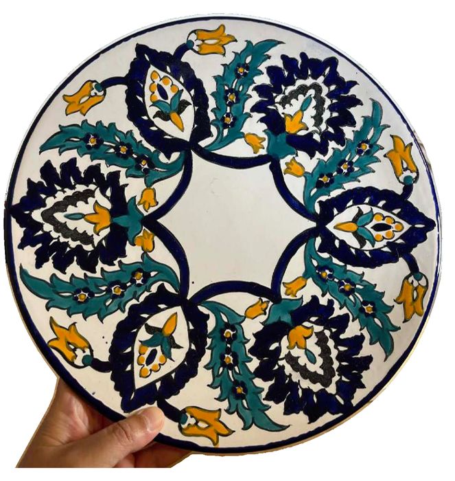 Large Vintage Turkish Hand-painted Decorative Plate with Floral Motif