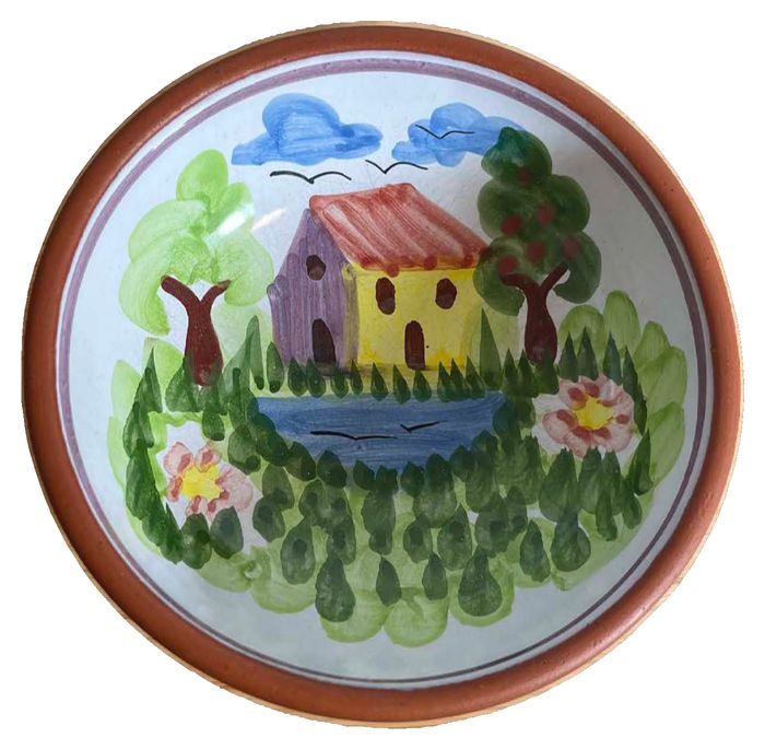 Portuguese Folk Art Terracotta Ceramic Bowl with Landscape Motif