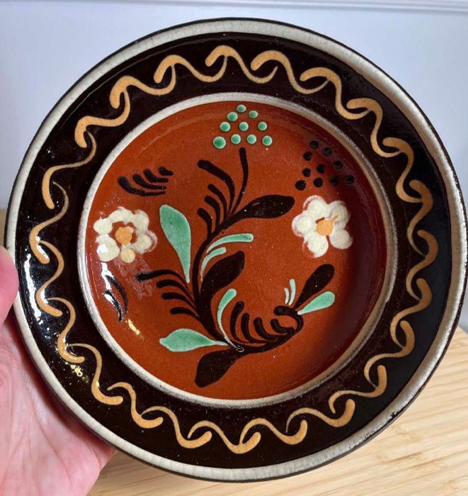Vintage Handmade Henri Siegfried Alsatian Pottery Wall Hanging Plate with Folk Art Floral Motif