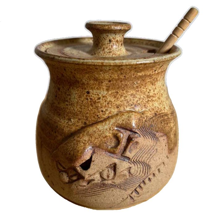 Vintage Studio Pottery Honey Pot with Incised Motif