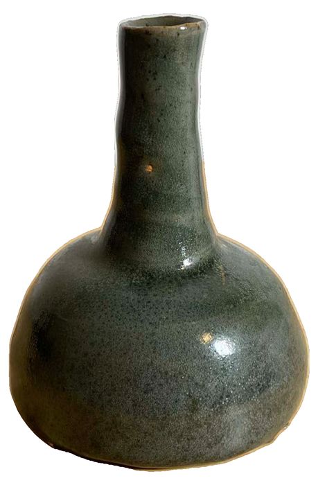 Vintage MCM Hand-Thrown Stoneware Bottle-Form Vase with Speckled Green Glaze