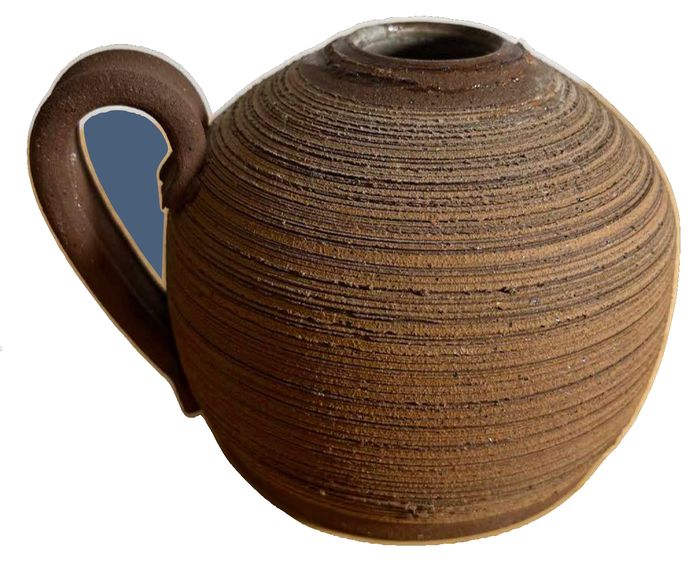 Rustic Studio Pottery Vessel Featuring a Bulbous, Ribbed Body