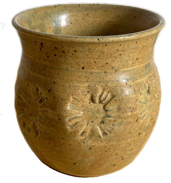 Stamped handmade Studio Pottery Stoneware Vessel in Speckled Ochre Glaze with Sunburst Motif
