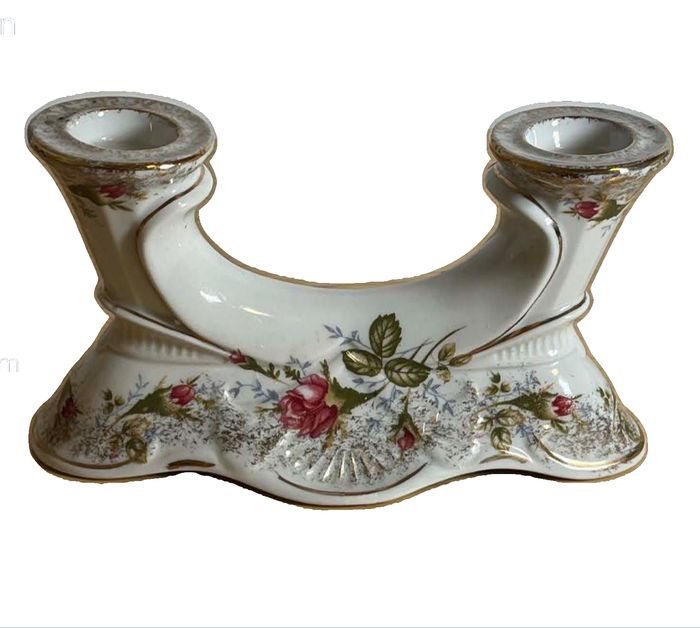 Vintage Chodziez Poland Porcelain Two-Flame Candlestick Holder with Gold Trim and Floral Design