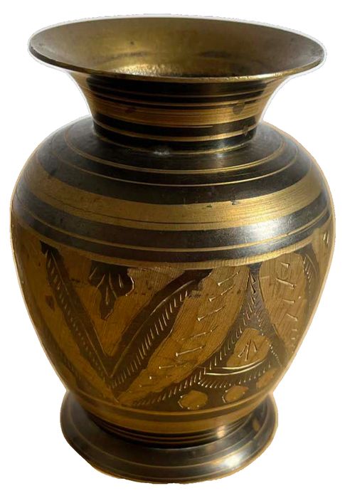 Small Vintage Indian Hand-Etched Brass Floral Vase in Black & Gold Finish