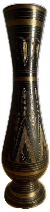 Tall Vintage Indian Hand-Etched Brass Floral Vase in Black & Gold Finish