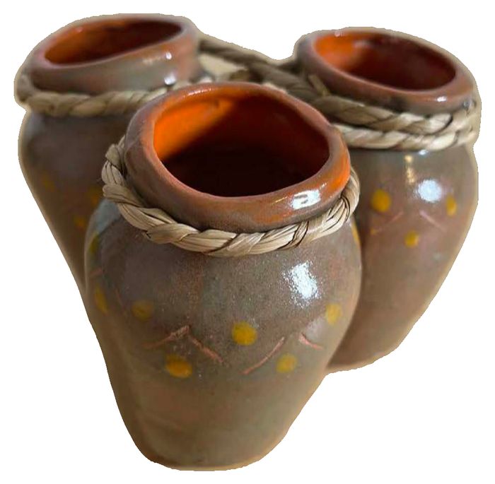 Triple Connected by Rope Rustic Hand-Glazed Terracotta Mini Vases