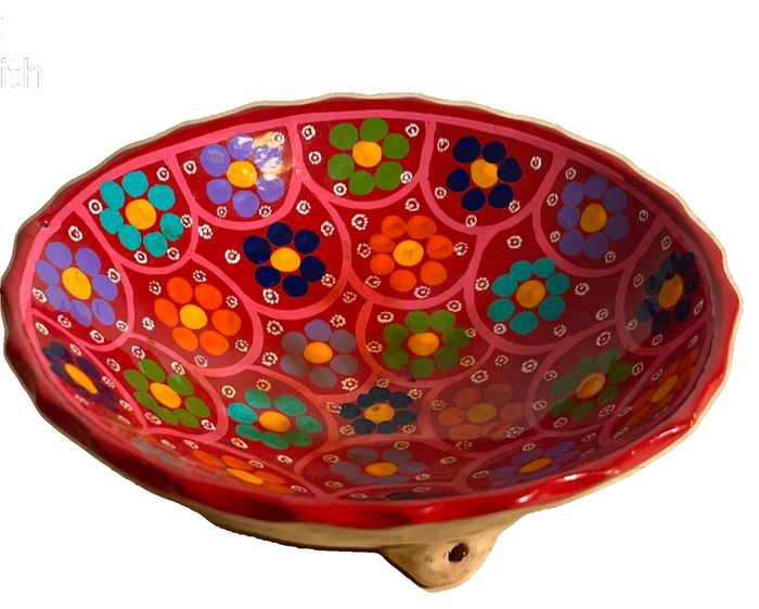 Hand-Painted Mexican Folk Art Ceramic Footed Bowl with Floral Design