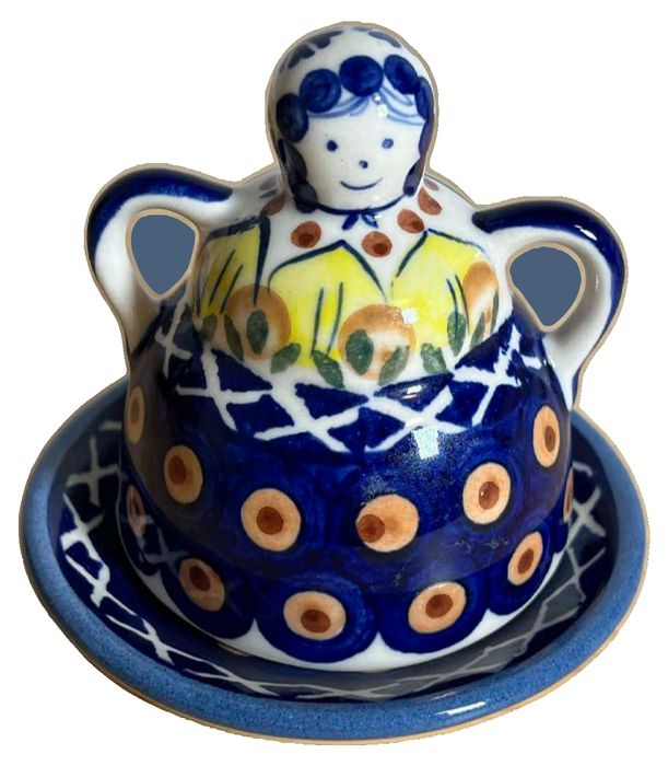 Vintage Stamped 4 Inch Bolesławiec Polish Pottery “Cheese Lady” Covered Butter or Cheese Keeper