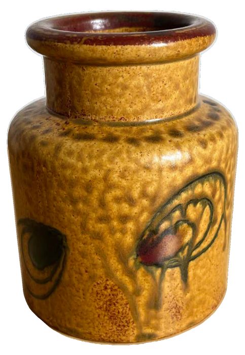 Vintage Yellow Brown Glazed Ceramic Art Pottery Vase with Abstract Motifs