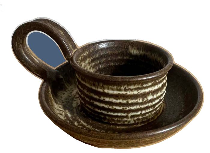 Vintage Brown Glazed Ceramic Stoneware Cup with Attached Saucer