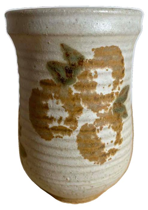 Handcrafted Ceramic Studio Pottery vase with Green & Brown Floral Design