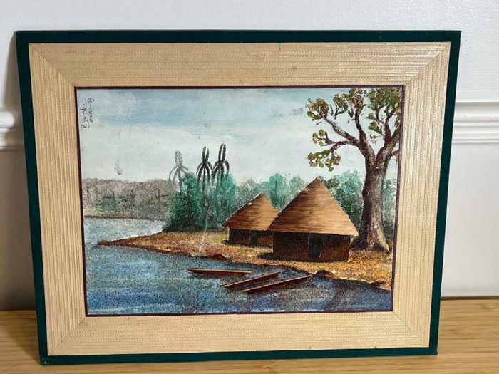 Signed Textured 1993 Landscape Painting Featuring Huts