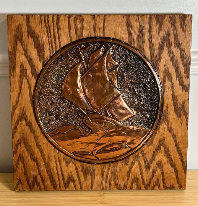 Mid-Century Repousse Copper Wall Plaque Mounted on Wood