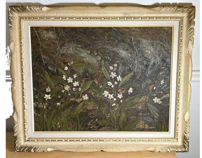 Large Signed Original 1970s Painting of White Flowers