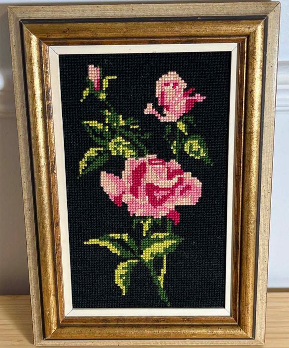 Vintage Framed Cross-Stitch Tapestry of Pink Roses