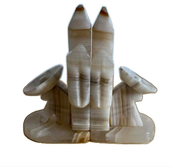 Pair of Vintage Hand-carved Mexican Onyx and Alabaster Matching Bookends (with Siesta Man & Cactus Motif)