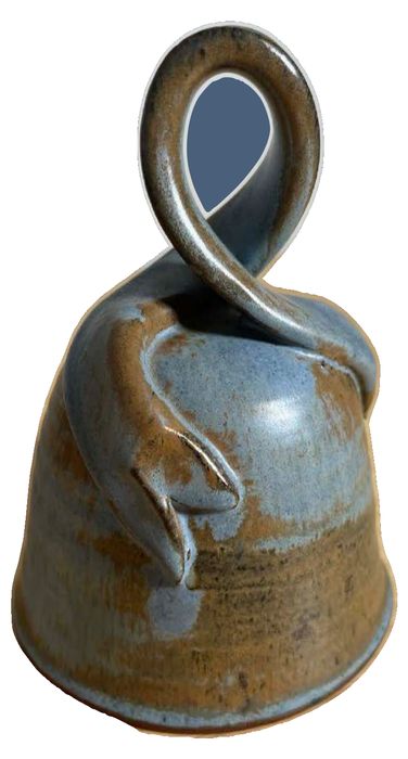 Handcrafted Studio Pottery Bell With Blue and Brown Glaze and Ribbon Handle