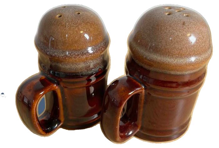 Vintage MCM Brown Drip Glaze Ceramic Salt & Pepper Shakers with Handles