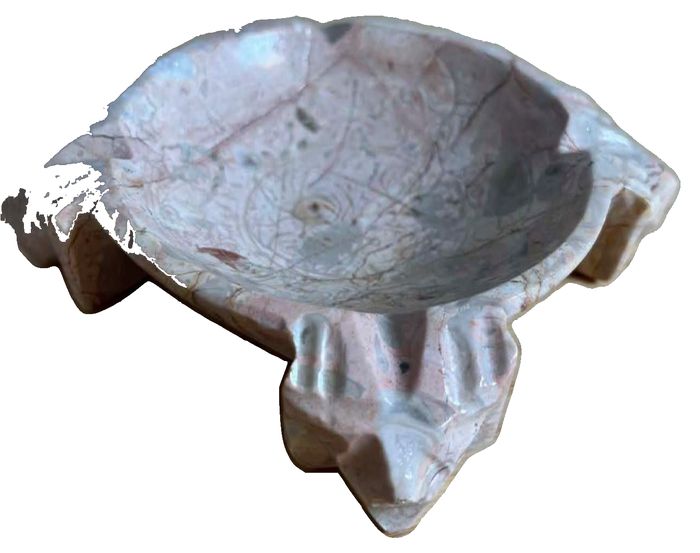 Vintage Hand-carved Pink Marble or Onyx Stone Ashtray Featuring Sculpted Facial Motifs