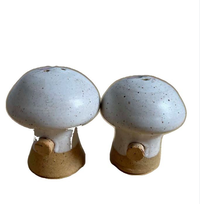 Speckled Ceramic Mushroom Salt & Pepper Shakers with Cork Stoppers on the base and Floral Motif on the top