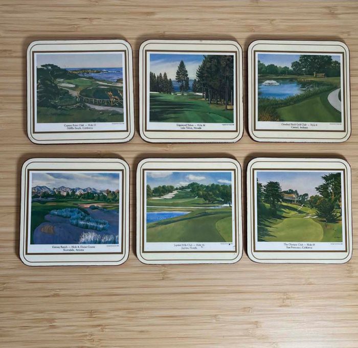 Vintage set of six Pimpernel cork-backed drink coasters featuring watercolor illustrations of famous American golf courses