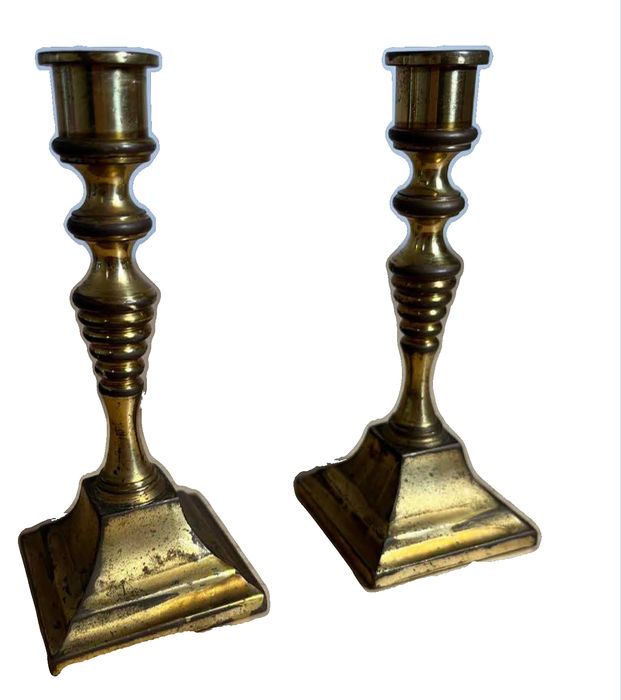 Pair of vintage brass candle holders featuring ringed beehive-style stems & stepped square bases