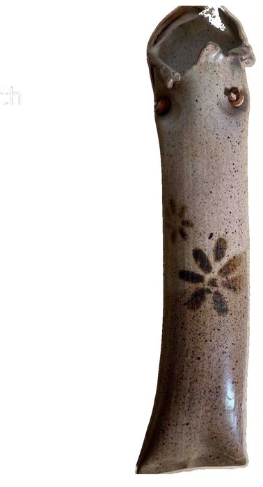 Vintage long studio pottery wall hanging pocket vase with floral motif