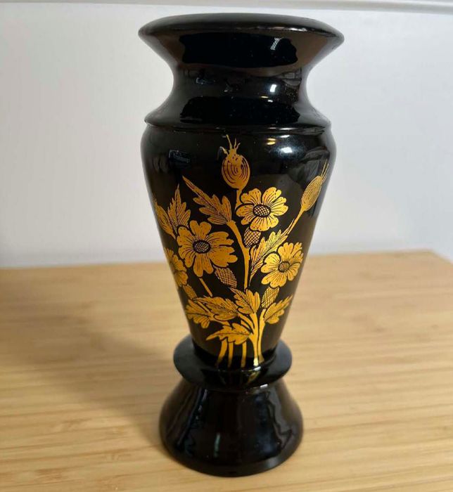 Vintage black lacquer vase with gold floral gilding