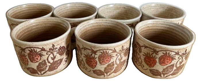 Vintage set of six Palissy Pottery strawberry pattern ceramic mugs with handles